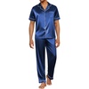 Ekouaer Mens Satin Pajama Set Short Sleeve Button Down Sleepwear with Pant | Soft Cozy, Summer Fall, Elastic Waist Long Pants, Pocket, Casual Loungewear Silk Satin Pjs for Casual Daily Wear(Navy Blue)