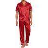 Ekouaer Mens Satin Pajama Set Short Sleeve Button Down Sleepwear with Pant | Soft Cozy, Summer Fall, Elastic Waist Long Pants, Pocket, Casual Loungewear Silk Satin Pjs for Casual Daily Wear(Stripes/Red)
