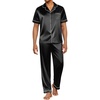 Ekouaer Mens Satin Pajama Set Short Sleeve Button Down Sleepwear with Pant | Soft Cozy, Summer Fall, Elastic Waist Long Pants, Pocket, Casual Loungewear Silk Satin Pjs for Casual Daily Wear(Black)