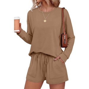 Ekouaer Women’s Lounge Sets Pajamas 2026 Fall Long Sleeve Top&Shorts XS-XXL | Matching 2 Piece Sets,Fall outfits,Loungewear for Travel,Vacation,Airport,Home,Daily Wear,Shorts with Pockets(Dark Khaki)