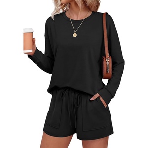 Ekouaer Women’s Lounge Sets Pajamas 2026 Fall Long Sleeve Top&Shorts XS-XXL | Matching 2 Piece Sets,Fall outfits,Loungewear for Travel,Vacation,Airport,Home,Daily Wear,Shorts with Pockets(Black)