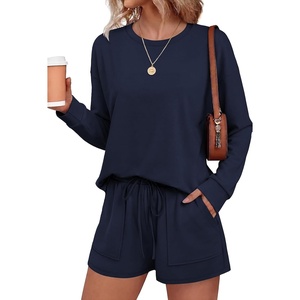 Ekouaer Women’s Lounge Sets Pajamas 2026 Fall Long Sleeve Top&Shorts XS-XXL | Matching 2 Piece Sets,Fall outfits,Loungewear for Travel,Vacation,Airport,Home,Daily Wear,Shorts with Pockets(Navy Blue)