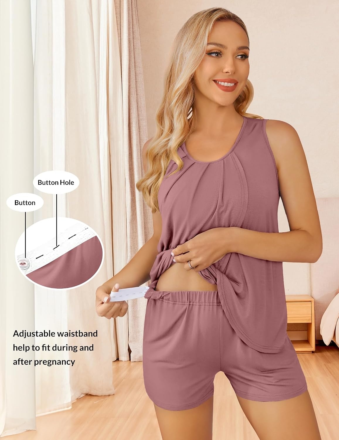 image:imageEkouaer Women Maternity Nursing Pajama Set Breastfeeding Sleepwear Double Layer Sleeveless Top amp Shorts Pregnancy PJSGray Purple Red