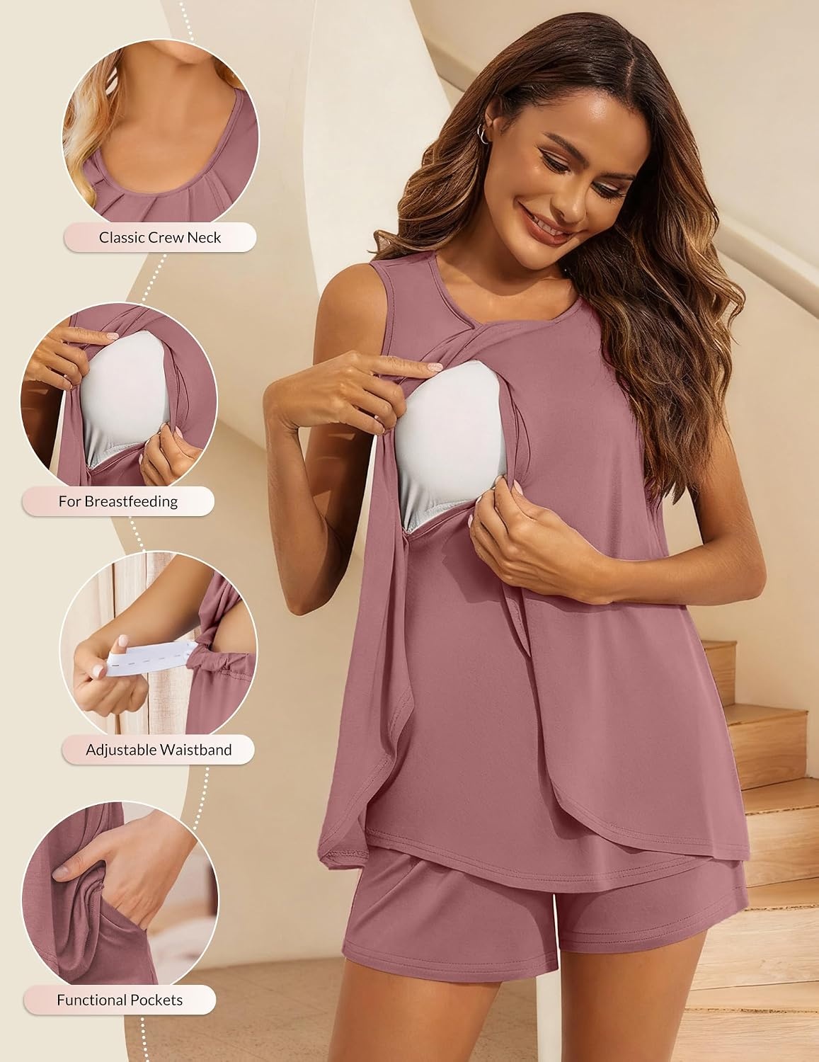 image:imageEkouaer Women Maternity Nursing Pajama Set Breastfeeding Sleepwear Double Layer Sleeveless Top amp Shorts Pregnancy PJSGray Purple Red