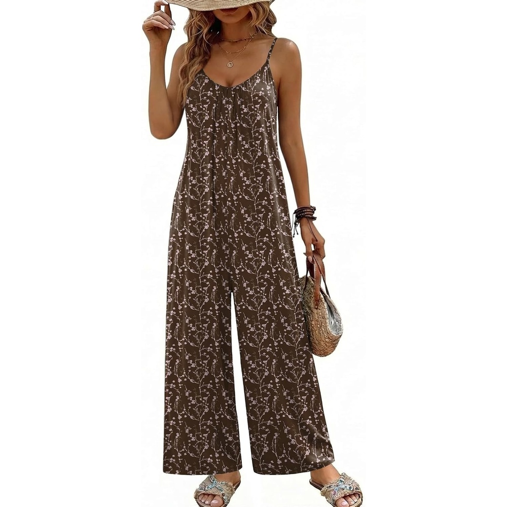 image:imageBoho Jumpsuit for Women Wide Leg Loose Romper Sleeveless Summer Overall  Adjustable Spaghetti Strap Loose Fit Summer Jumper Casual One Piece JumpsuitsFloral Brown