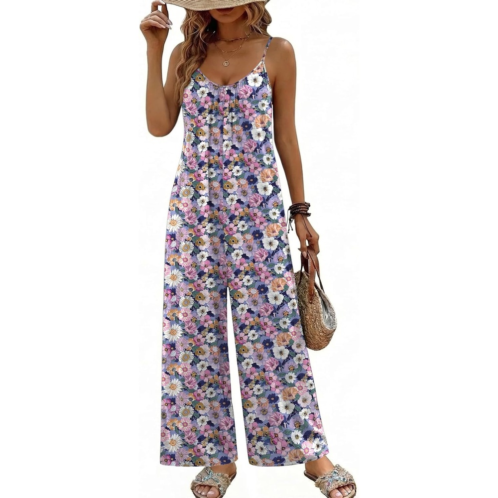 image:imageBoho Jumpsuit for Women Wide Leg Loose Romper Sleeveless Summer Overall Adjustable Spaghetti Strap Loose Fit Summer Jumper Casual One Piece JumpsuitsFloral Print