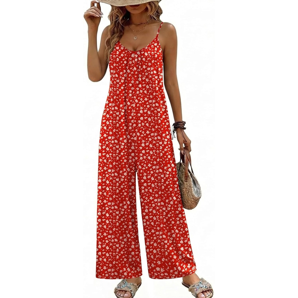 image:imageBoho Jumpsuit for Women Wide Leg Loose Romper Sleeveless Summer Overall  Adjustable Spaghetti Strap Loose Fit Summer Jumper Casual One Piece JumpsuitsFloral Red