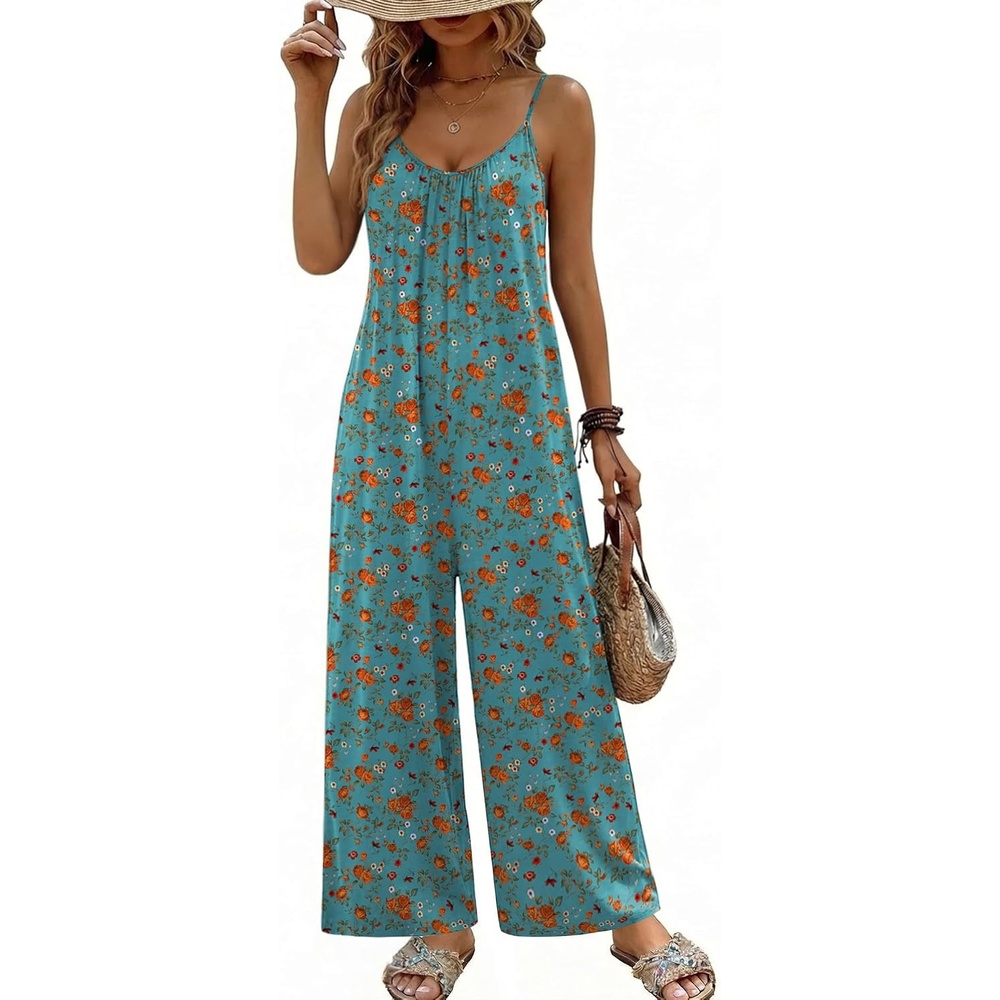 image:imageBoho Jumpsuit for Women Wide Leg Loose Romper Sleeveless Summer Overall  Adjustable Spaghetti Strap Loose Fit Summer Jumper Casual One Piece JumpsuitsFloral Blue Green