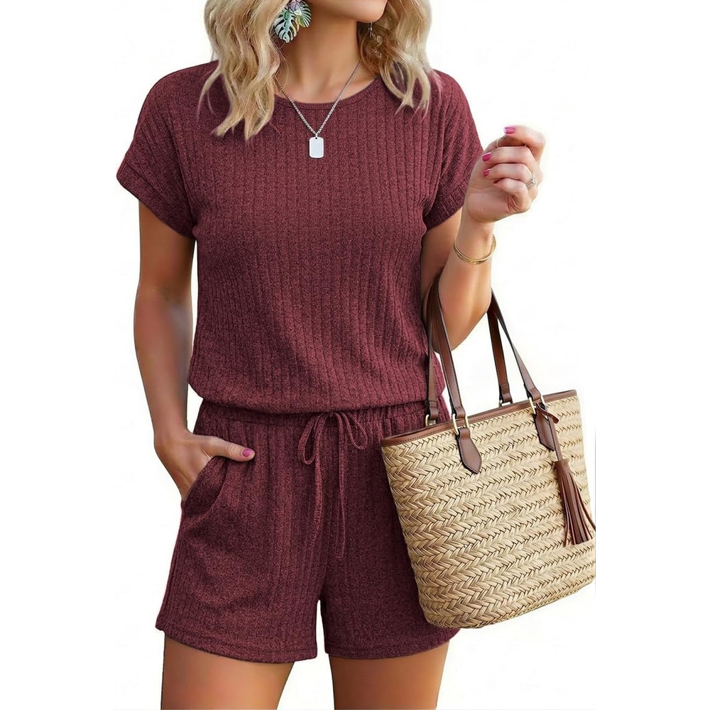 image:imageEkouaer Rompers for Women Ribbed Knit Short Jumpsuit 2026 Summer Casual Vacation OutfitsWine Red