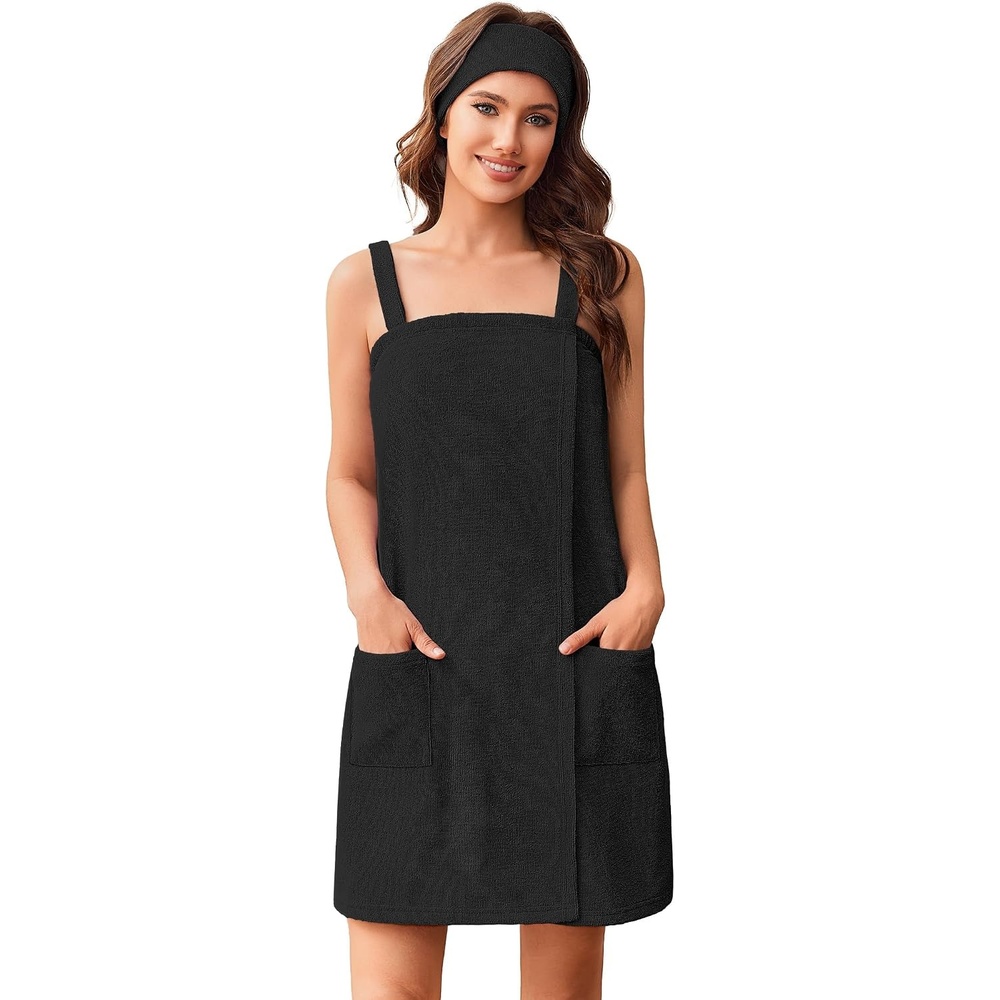image:imageEkouaer Towel Robe for Women Short Spa Bath Wrap Towel Wrap Shower Robe  Absorbent Material Headband Strap PocketsBlack