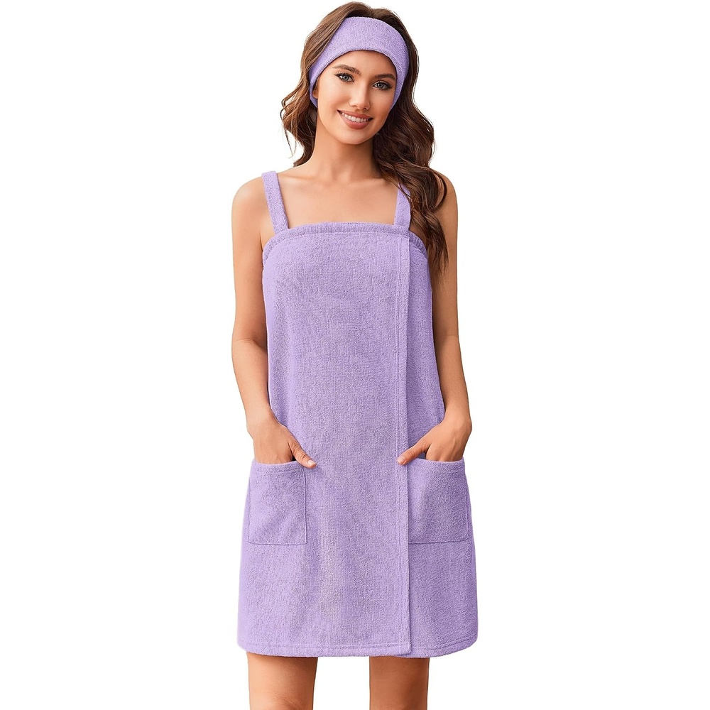 image:imageEkouaer Towel Robe for Women Short Spa Bath Wrap Towel Wrap Shower Robe  Absorbent Material Headband Strap PocketsLavender