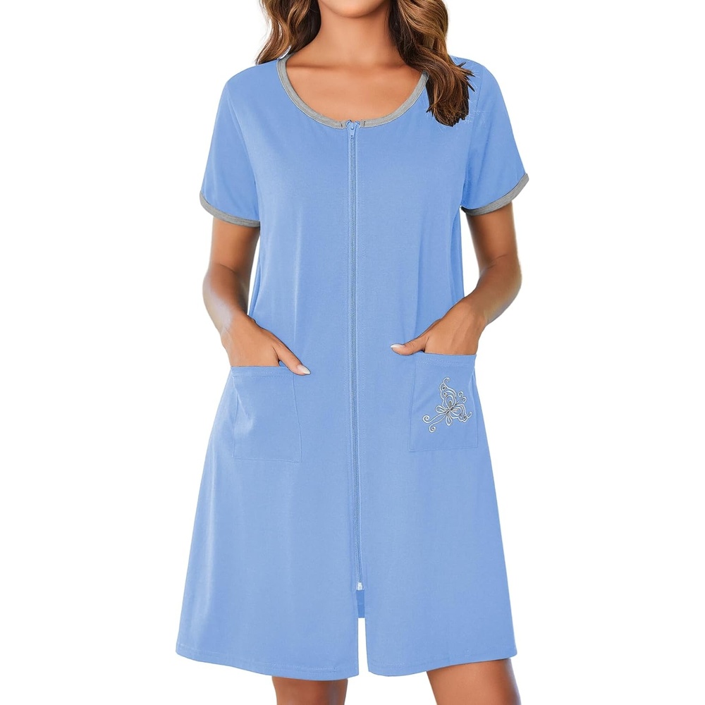image:imageEkouaer Zip Up Robes for Women Zipper House Coat Short Bathrobes Nightgown Lightweight Short Sleeves Summer Fashion Zip Front Robes with Pockets 2026Sky Blue