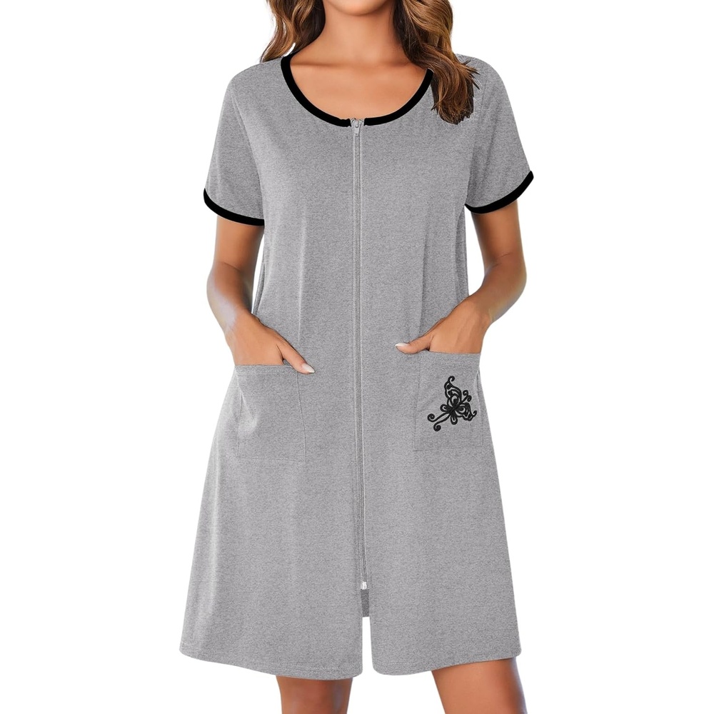 image:imageEkouaer Zip Up Robes for Women Zipper House Coat Short Bathrobes Nightgown Lightweight Short Sleeves Summer Fashion Zip Front Robes with Pockets 2026Light Gray