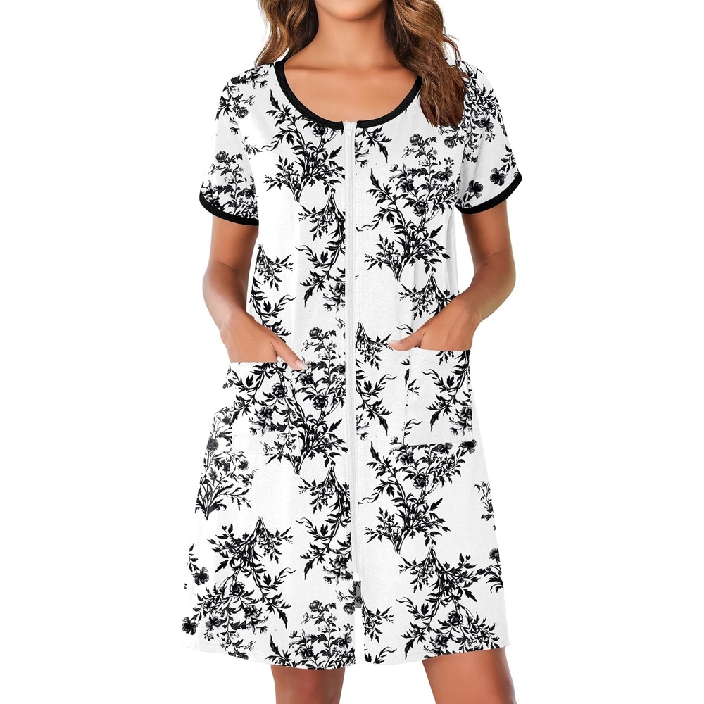 image:imageEkouaer Zip Up Robes for Women Zipper House Coat Short Bathrobes Nightgown Lightweight Short Sleeves Summer Fashion Zip Front Robes with Pockets 2026Floral White