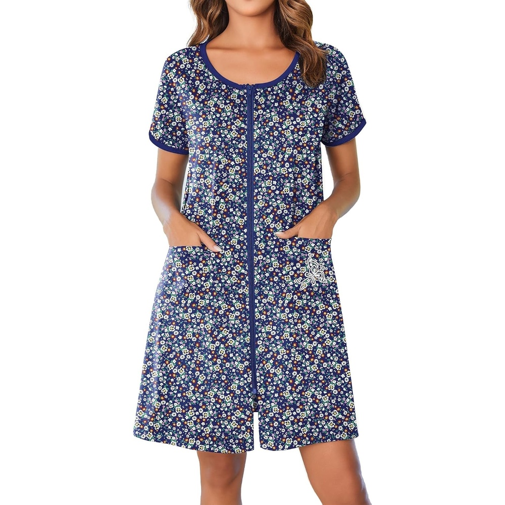 image:imageEkouaer Zip Up Robes for Women Zipper House Coat Short Bathrobes Nightgown Lightweight Short Sleeves Summer Fashion Zip Front Robes with Pockets 2026Floral Dark Blue