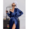 Ekouaer Silk Robes for Women Long Satin Kimono Bathrobe Sexy Bridal Robe | Shawl Collar, Bride Wedding Party Robe, Long Sleeve, V-neck, Full Length, Lightweight Sleepwear(Navy Blue)