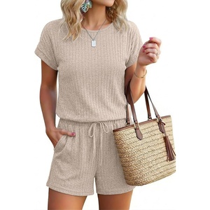Ekouaer Rompers for Women Ribbed Knit Short Jumpsuit 2026 Summer Casual Vacation Outfits(Light Khaki)