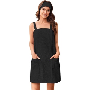 Ekouaer Towel Robe for Women Short Spa Bath Wrap Towel Wrap Shower Robe | Absorbent Material, Headband, Strap, Pockets(Black)