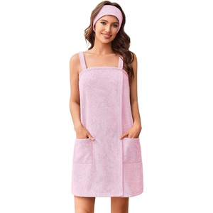 Ekouaer Towel Robe for Women Short Spa Bath Wrap Towel Wrap Shower Robe | Absorbent Material, Headband, Strap, Pockets(Pink)