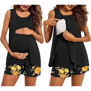 Ekouaer Women Maternity Nursing Pajama Set Breastfeeding Sleepwear Double Layer Sleeveless Top & Shorts Pregnancy PJS(Black Floral)