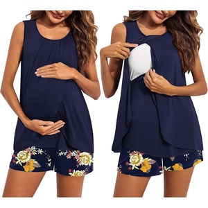 Ekouaer Women Maternity Nursing Pajama Set Breastfeeding Sleepwear Double Layer Sleeveless Top & Shorts Pregnancy PJS(Floral Navy Blue)