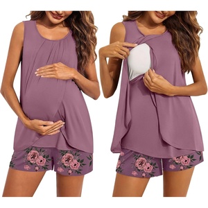 Ekouaer Women Maternity Nursing Pajama Set Breastfeeding Sleepwear Double Layer Sleeveless Top & Shorts Pregnancy PJS(Floral Purplish-red)