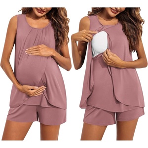 Ekouaer Women Maternity Nursing Pajama Set Breastfeeding Sleepwear Double Layer Sleeveless Top & Shorts Pregnancy PJS(Gray Purple Red)