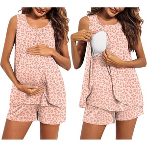 Ekouaer Women Maternity Nursing Pajama Set Breastfeeding Sleepwear Double Layer Sleeveless Top & Shorts Pregnancy PJS(Leopard Pink)