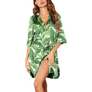 Ekouaer Womens Satin Button Down Nightshirt 3/4 Sleeve Boyfriend Nightgown | Notch Collar Sleepshirt, Satin Slip Pajama Dress, Sexy Outdoor Shirt Dress, Bridal Party Gown, Pajama Party Nightwear S-3Xl(Hawaiian Leaves White)