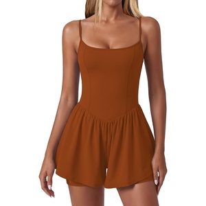 Ekouaer Womens Summer Sleeveless Workout Rompers Athletic Jumpsuit Shorts | Double Lined Shorts One Piece, Summer Wear, Slim Fit, Fashion Gym Yoga Clothes(Brown)