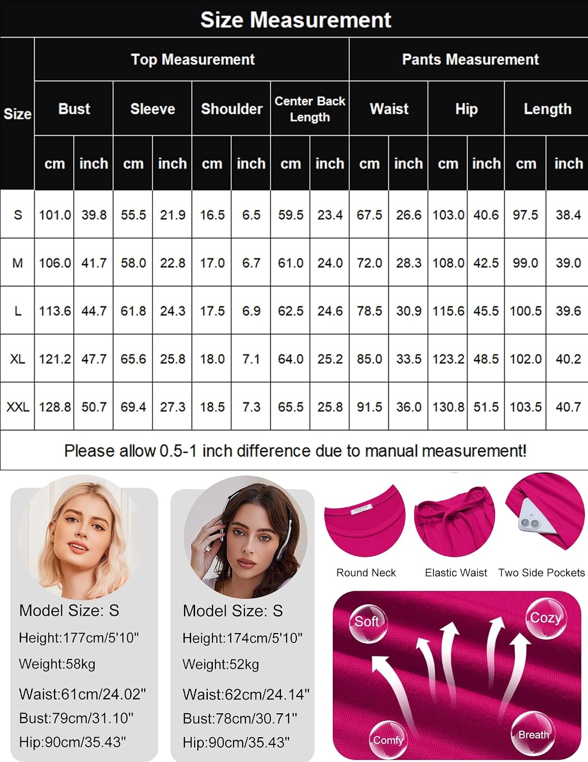 image:imageEkouaer 2 Pack Womens Pajamas Sets Short Sleeve Long Pants Pjs Lounge Set Comfy Soft Crew Neck Sleepwear with PocketsCasual Printed Matching Sets for Daily WearGiftsMomFriendMaternityRose PlaidBlack Plaid