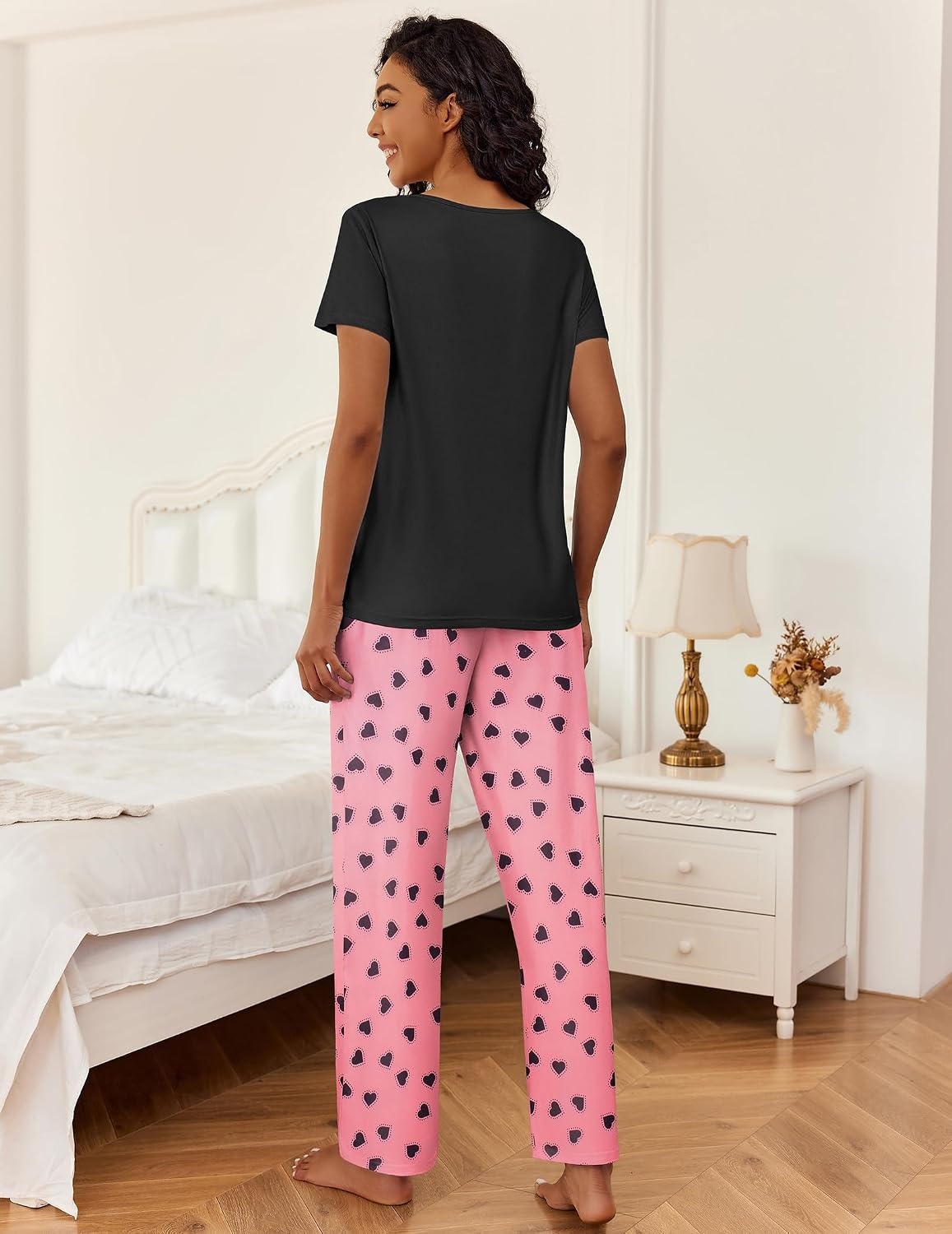 image:imageEkouaer 2 Piece Womens Pajamas Set Short Sleeve Pjs Print Pants Lounge Set Cute Ladies Pajamas for Women SetWide Leg Pants Summer Pjs with PocketsLoose Fit Vacation Matching Sets Gifts for WomenPink Heart