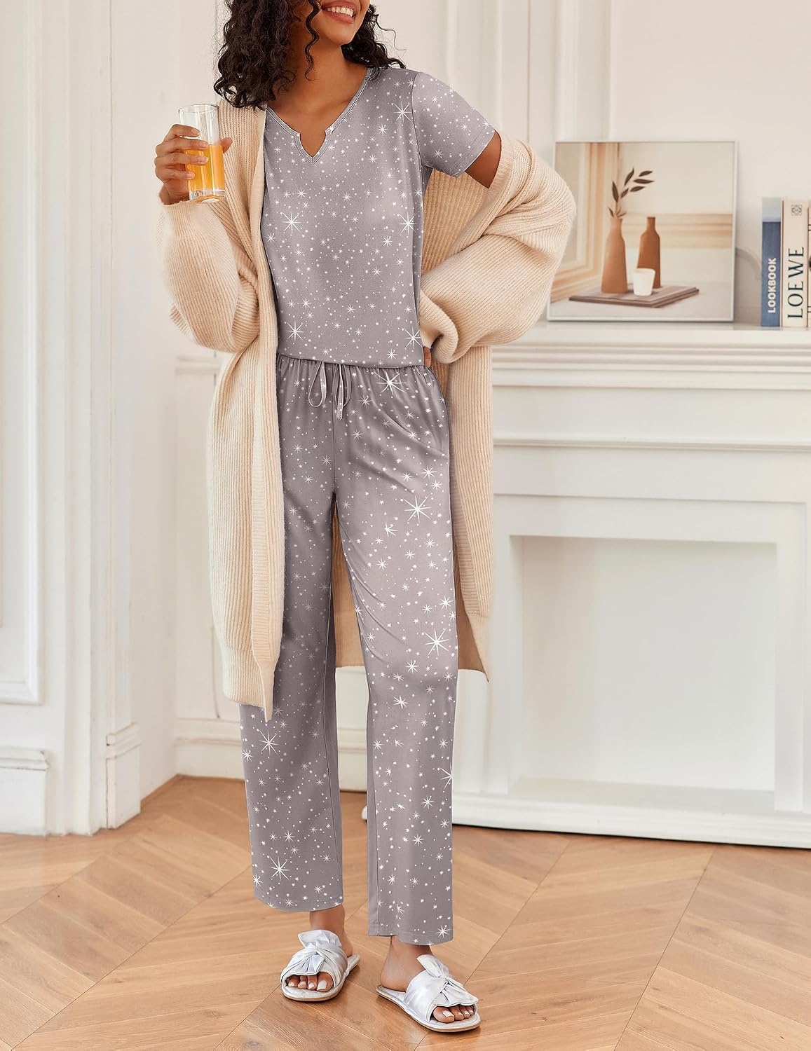 image:imageEkouaer 2 Piece Womens Pajamas Set Short Sleeve Pjs Print Pants Lounge Set Cute Ladies Pajamas for Women SetWide Leg Pants Summer Pjs with PocketsLoose Fit Vacation Matching Sets Gifts for WomenGrey Stars