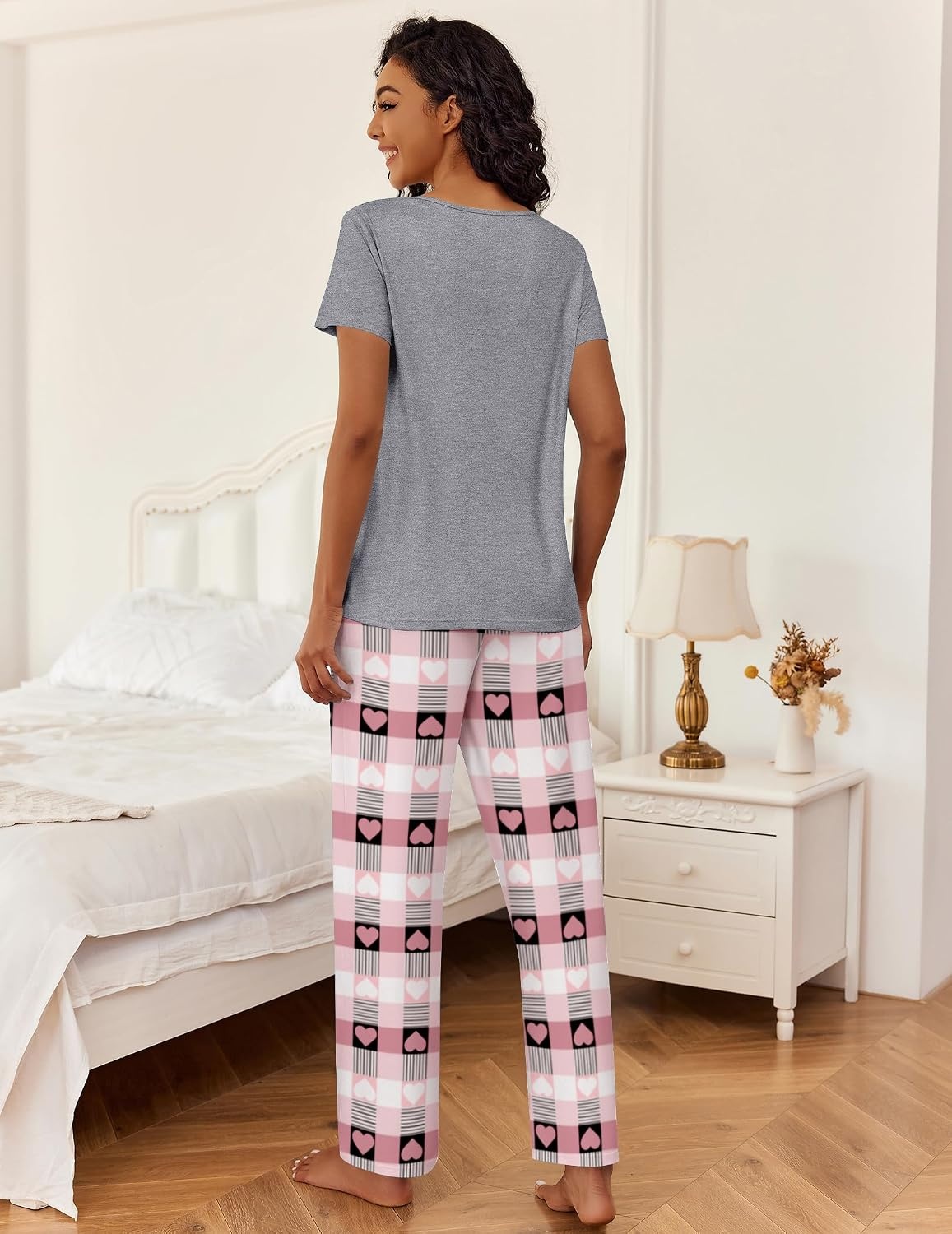 image:imageEkouaer 2 Piece Womens Pajamas Set Short Sleeve Pjs Print Pants Lounge Set Cute Ladies Pajamas for Women SetWide Leg Pants Summer Pjs with PocketsLoose Fit Vacation Matching Sets Gifts for WomenHeart Plaid