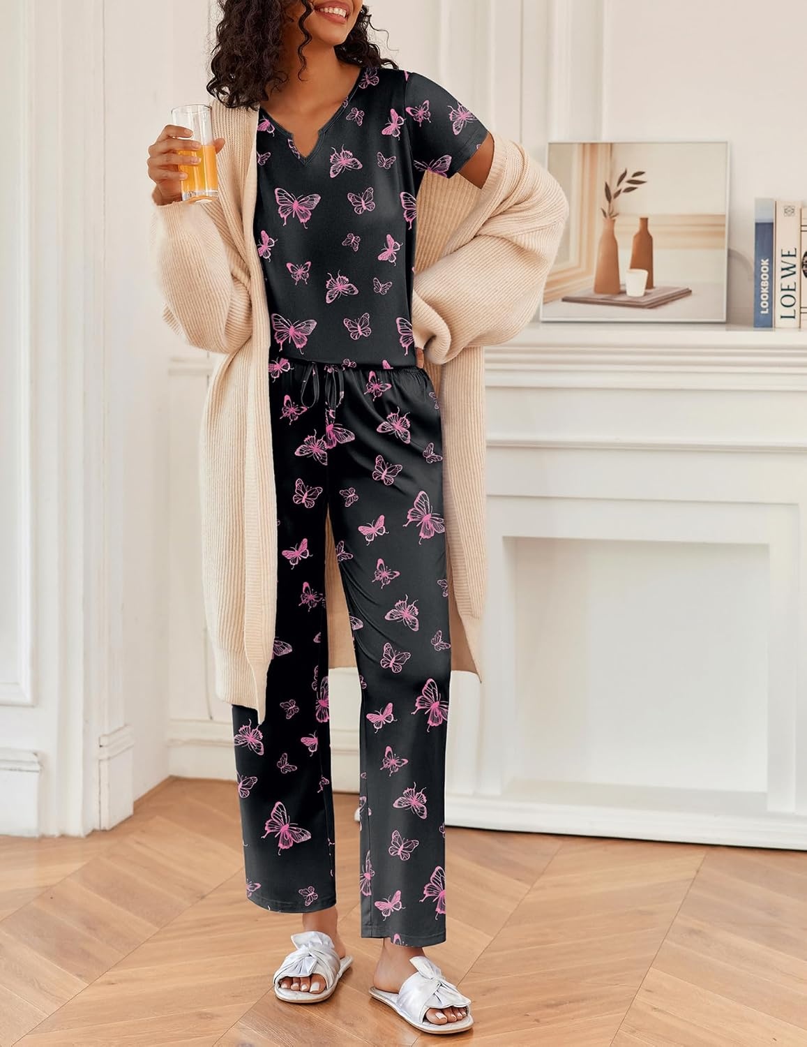image:imageEkouaer 2 Piece Womens Pajamas Set Short Sleeve Pjs Print Pants Lounge Set Cute Ladies Pajamas for Women SetWide Leg Pants Summer Pjs with PocketsLoose Fit Vacation Matching Sets Gifts for WomenBlack Butterfly