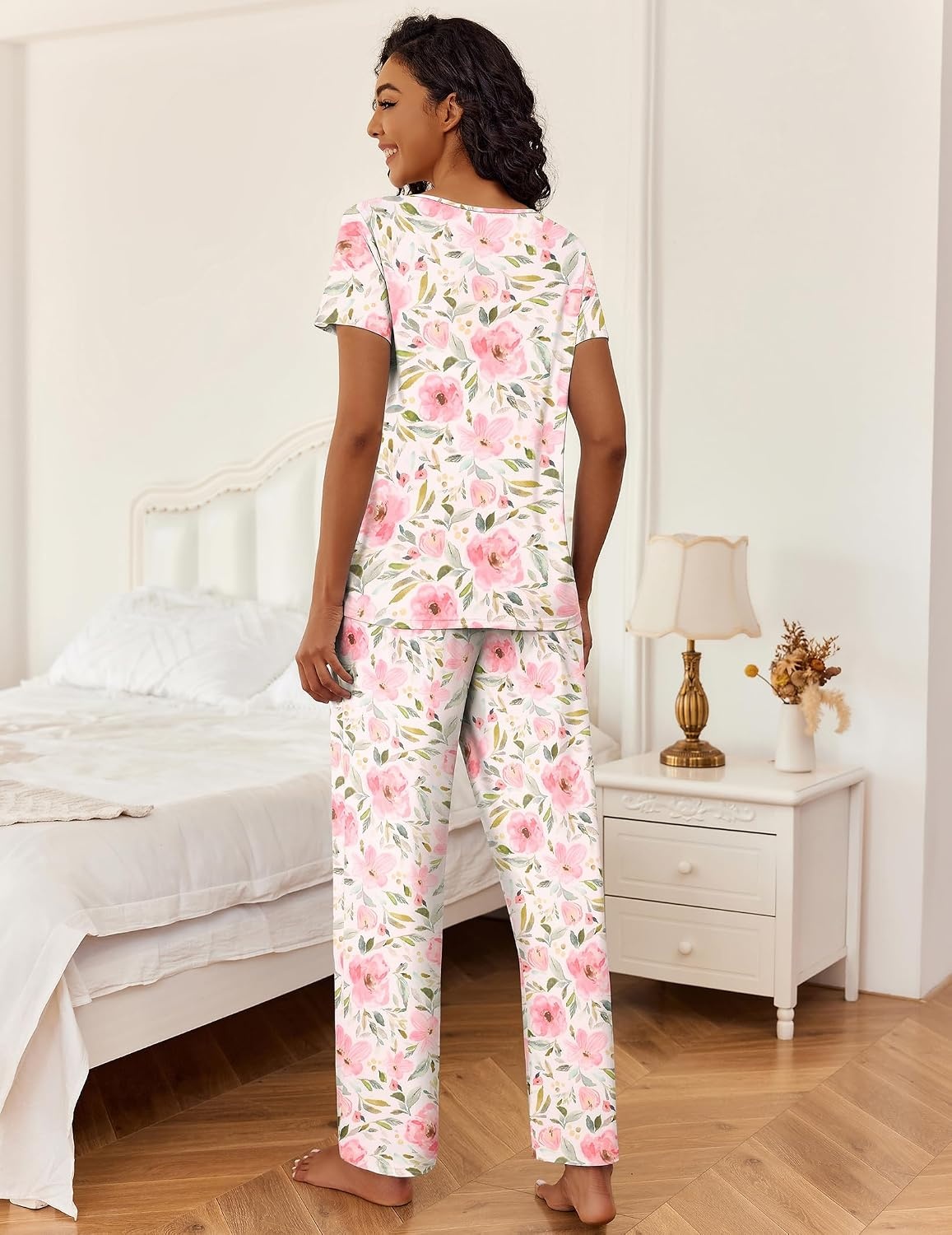 image:imageEkouaer 2 Piece Womens Pajamas Set Short Sleeve Pjs Print Pants Lounge Set Cute Ladies Pajamas for Women SetWide Leg Pants Summer Pjs with PocketsLoose Fit Vacation Matching Sets Gifts for WomenWhite Flower