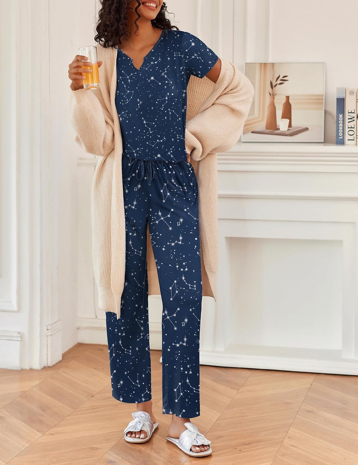image:imageEkouaer 2 Piece Womens Pajamas Set Short Sleeve Pjs Print Pants Lounge Set Cute Ladies Pajamas for Women SetWide Leg Pants Summer Pjs with PocketsLoose Fit Vacation Matching Sets Gifts for WomenBlue Stars