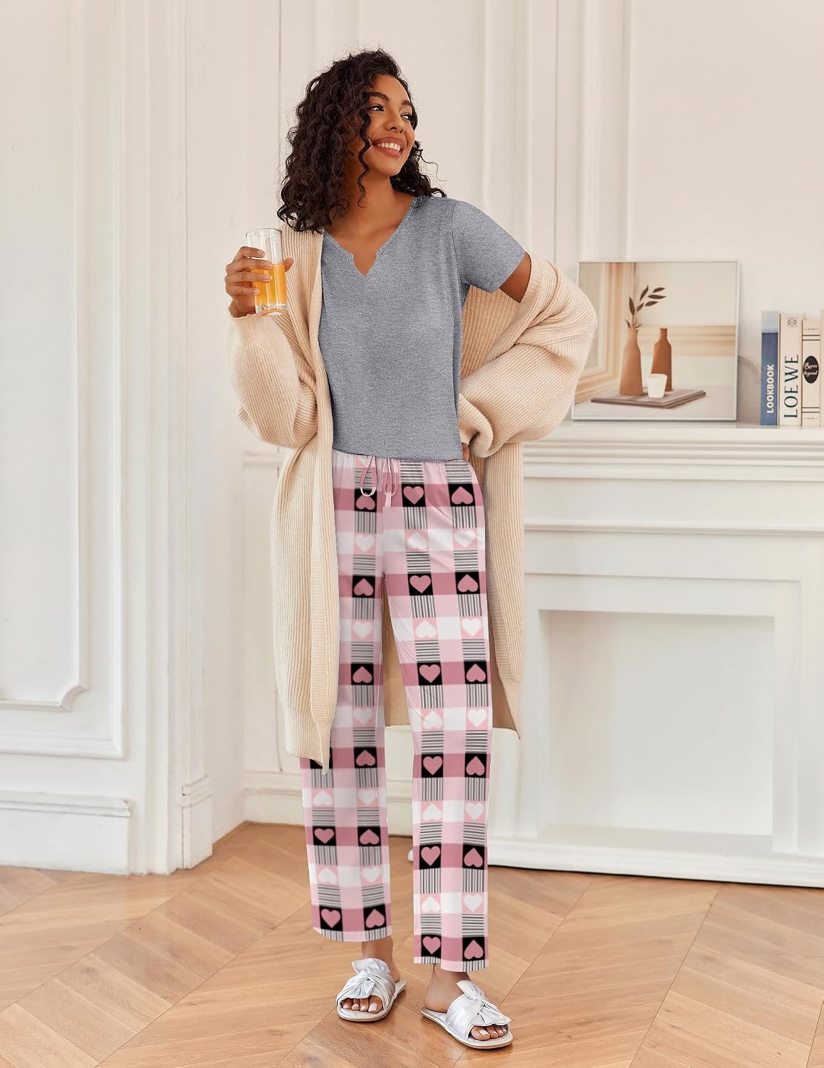 image:imageEkouaer 2 Piece Womens Pajamas Set Short Sleeve Pjs Print Pants Lounge Set Cute Ladies Pajamas for Women SetWide Leg Pants Summer Pjs with PocketsLoose Fit Vacation Matching Sets Gifts for WomenHeart Plaid