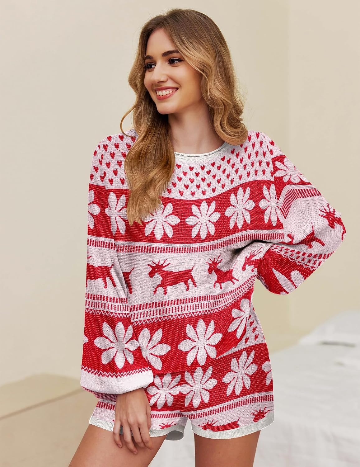 image:imageEkouaer Knit Pajamas Set for Women Lounge Sets Long Sleeve SweatsuitChristmas White