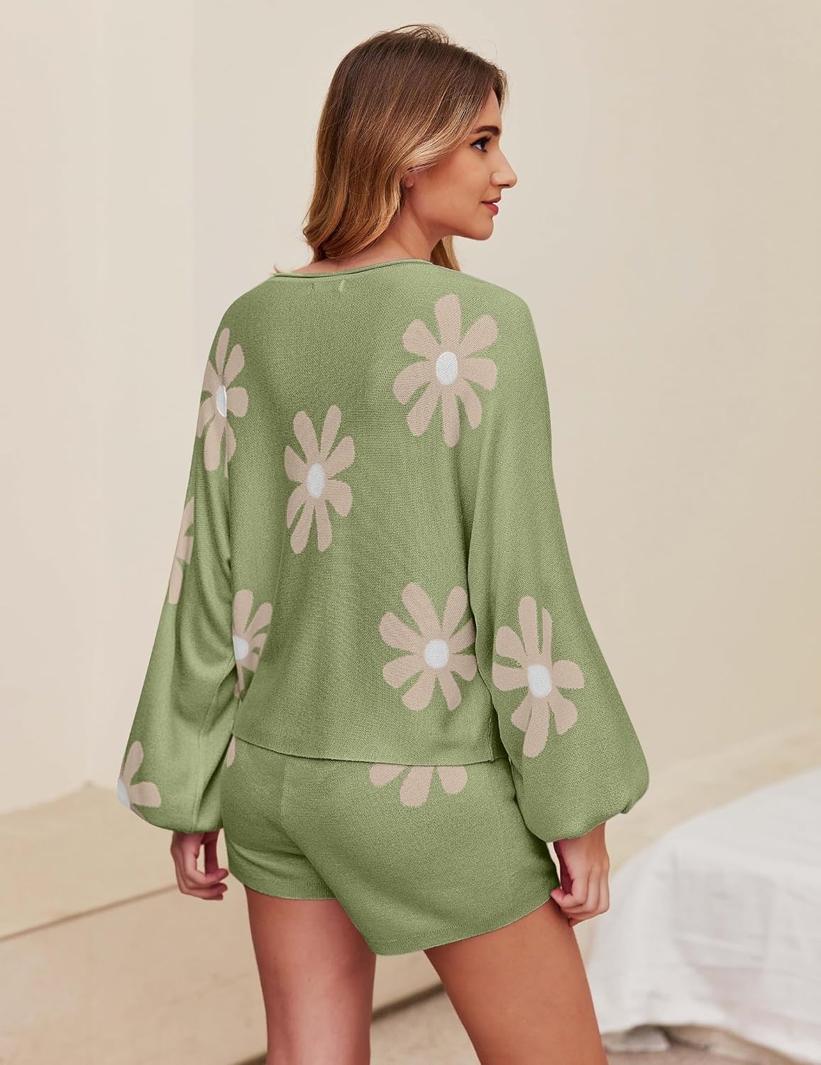 image:imageEkouaer Knit Pajamas Set for Women Lounge Sets Long Sleeve SweatsuitFloral Green