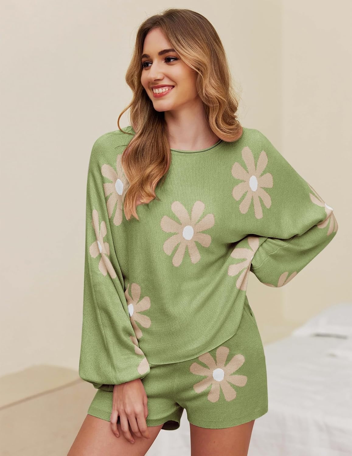 image:imageEkouaer Knit Pajamas Set for Women Lounge Sets Long Sleeve SweatsuitFloral Green