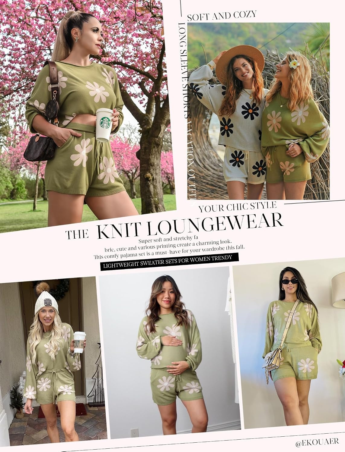 image:imageEkouaer Knit Pajamas Set for Women Lounge Sets Long Sleeve SweatsuitFloral Green