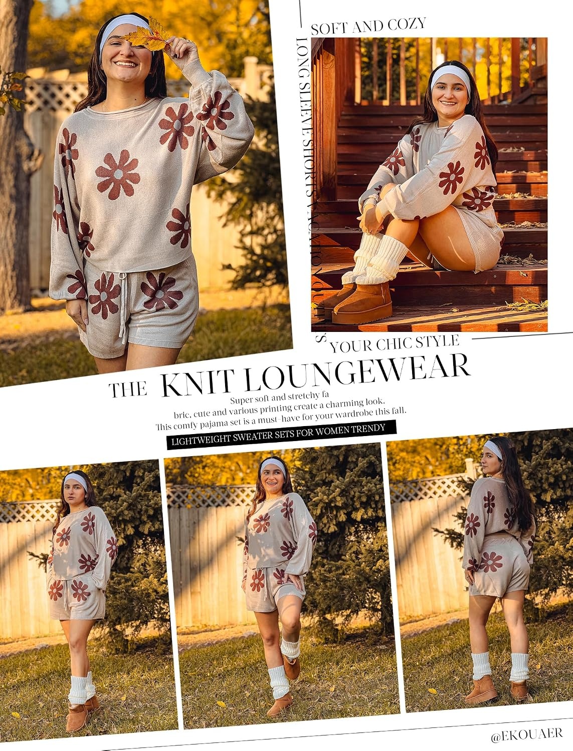 image:imageEkouaer Knit Pajamas Set for Women Lounge Sets Long Sleeve SweatsuitFloral Khaki
