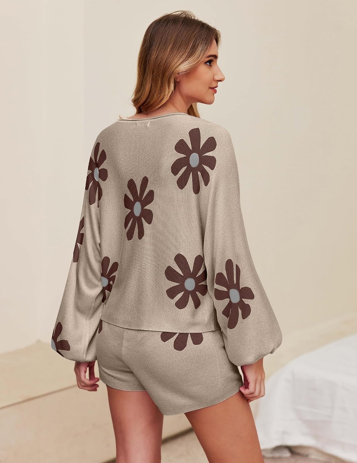 image:imageEkouaer Knit Pajamas Set for Women Lounge Sets Long Sleeve SweatsuitFloral Khaki
