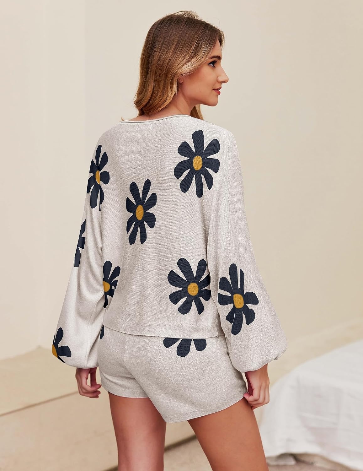 image:imageEkouaer Knit Pajamas Set for Women Lounge Sets Long Sleeve SweatsuitFloral White