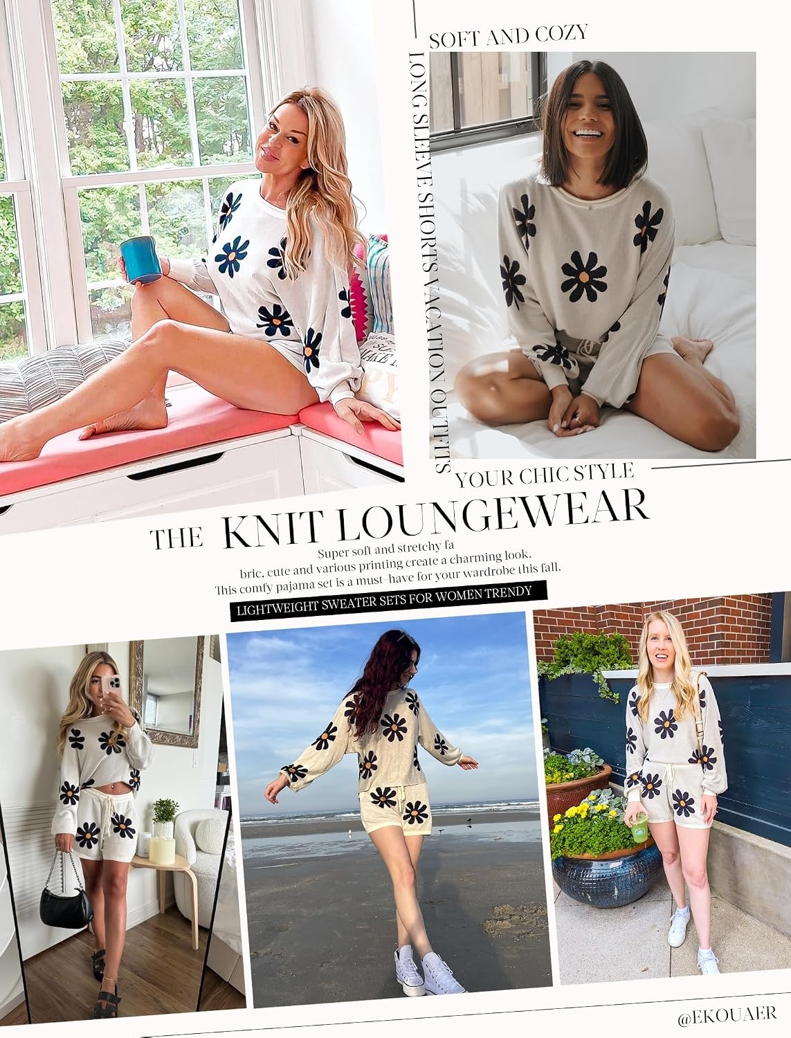 image:imageEkouaer Knit Pajamas Set for Women Lounge Sets Long Sleeve SweatsuitFloral White