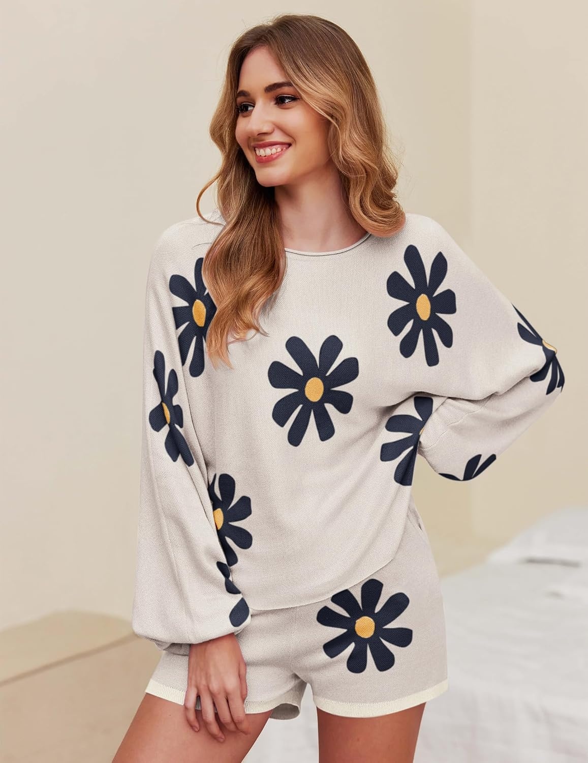 image:imageEkouaer Knit Pajamas Set for Women Lounge Sets Long Sleeve SweatsuitFloral White