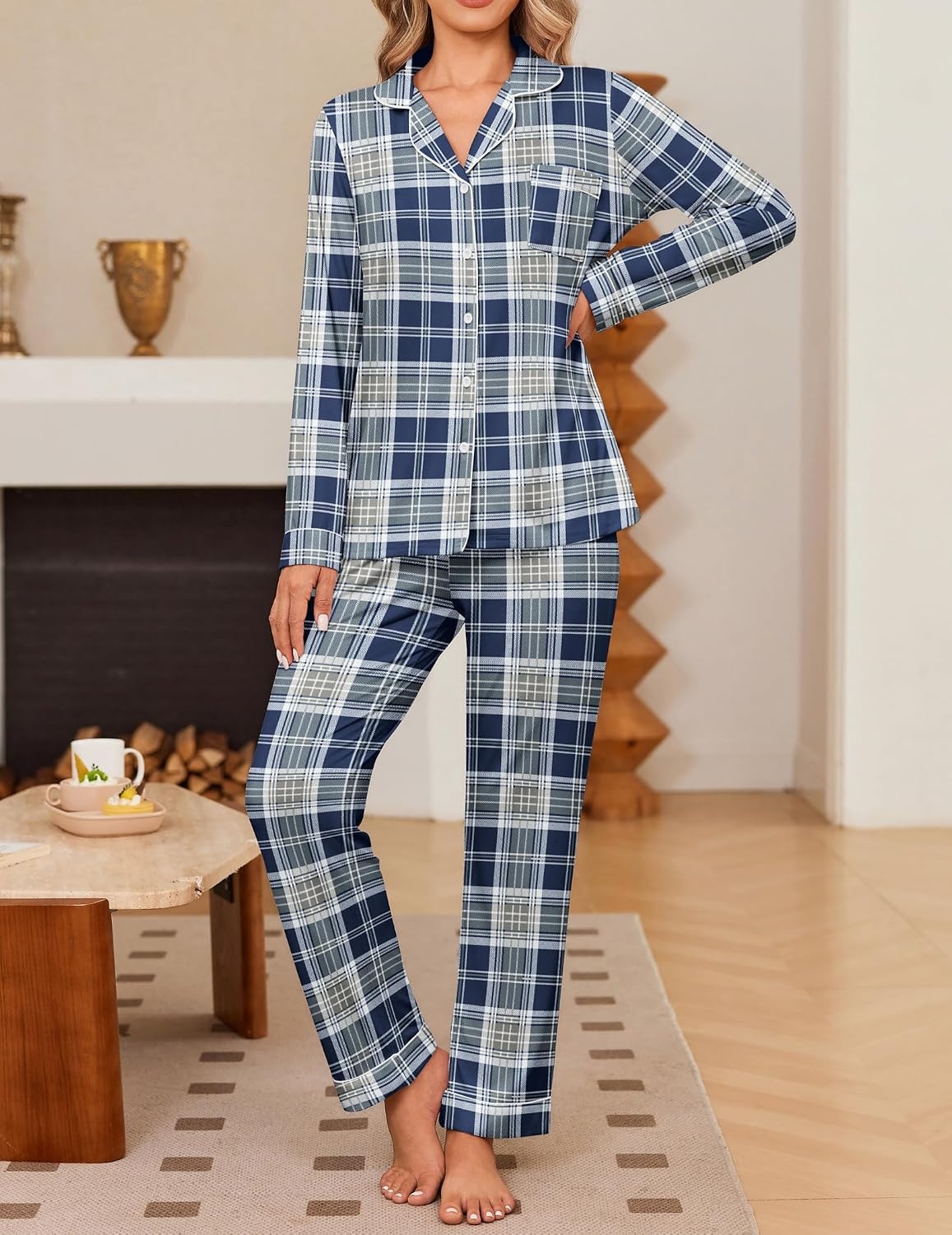 image:imageEkouaer Womens Pajama Sets Button Down Long Sleeve amp Pants loungewearDeep Blue Plaid