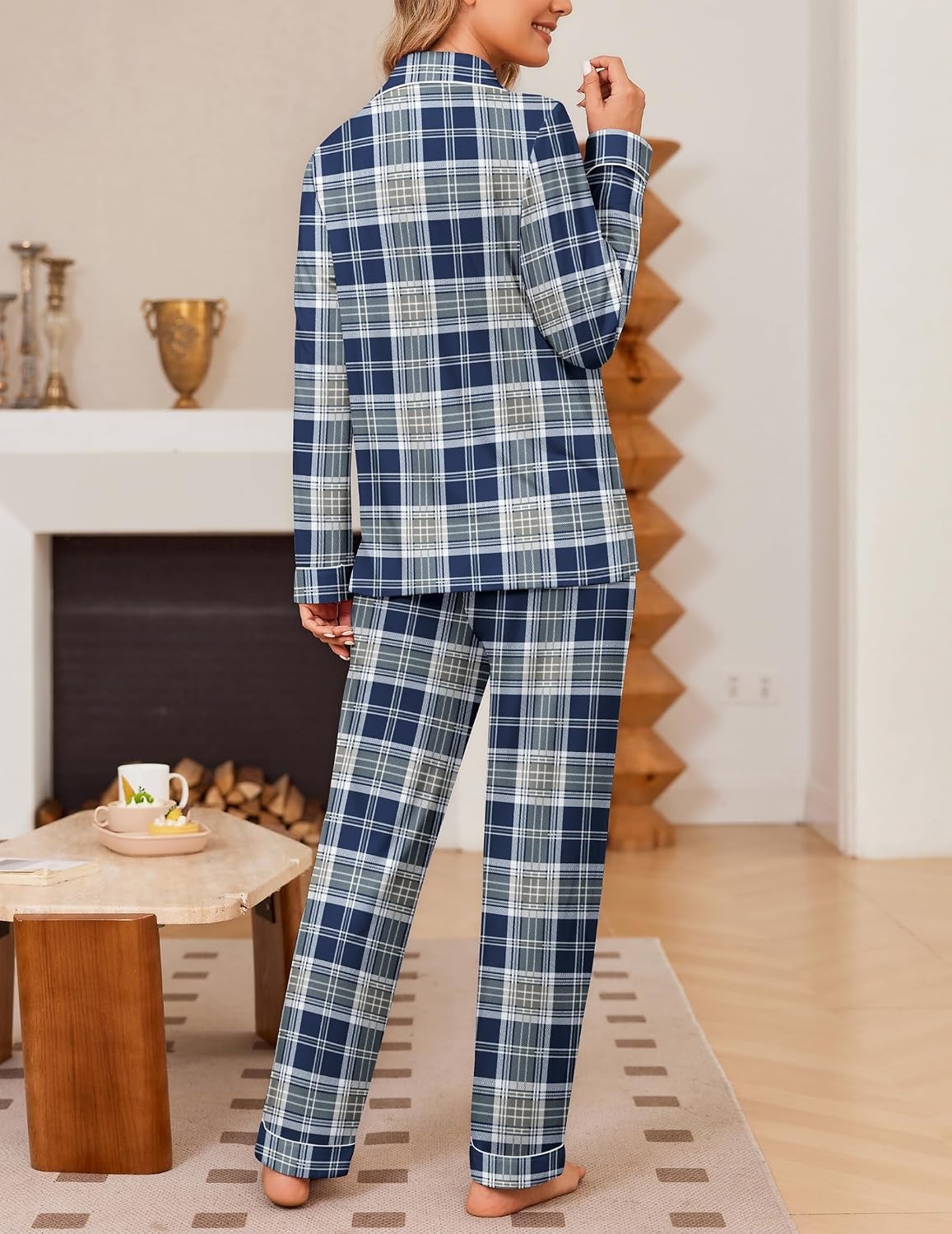 image:imageEkouaer Womens Pajama Sets Button Down Long Sleeve amp Pants loungewearDeep Blue Plaid