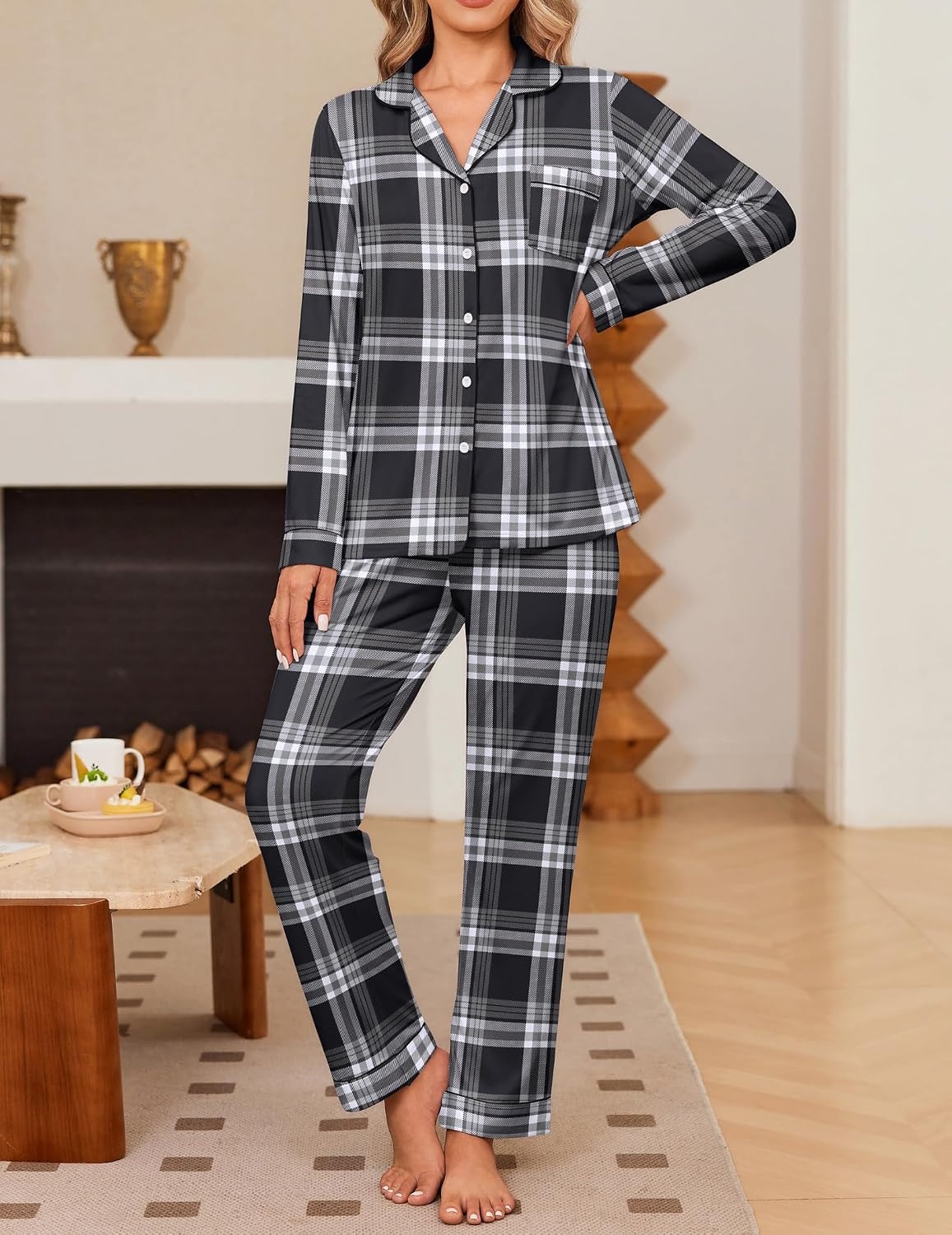 image:imageEkouaer Womens Pajama Sets Button Down Long Sleeve amp Pants loungewearGrey Plaid